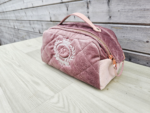 Luxury velour quilted wash bag, baby bag with leather handles - rose gold zipper embroidery crest