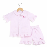 Pink Seersucker Ruffle Pyjamas Set (embroidery initials)
